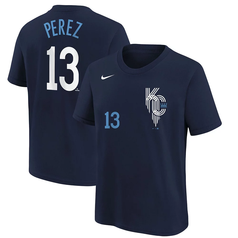 Youth Nike Salvador Perez Navy Kansas City Royals 2022 City Connect Name & Number T-Shirt